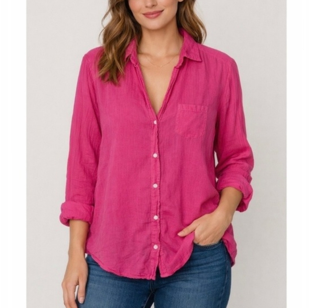 Frank & Eileen  Tissue Organic Voile Button Up Shirt Hot Pink Size XS